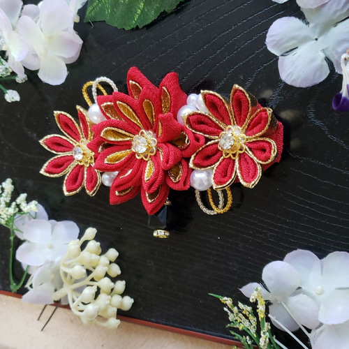 つまみ細工帯留め 帯飾り 七五三 成人式 赤 黒 金 花魁 振り袖 着物