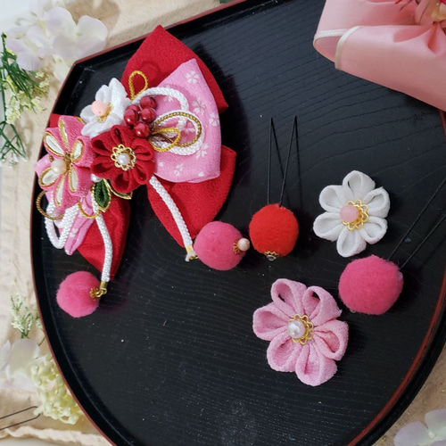 つまみ細工リボン髪飾り赤白七五三成人式浴衣卒業式花魁結婚式