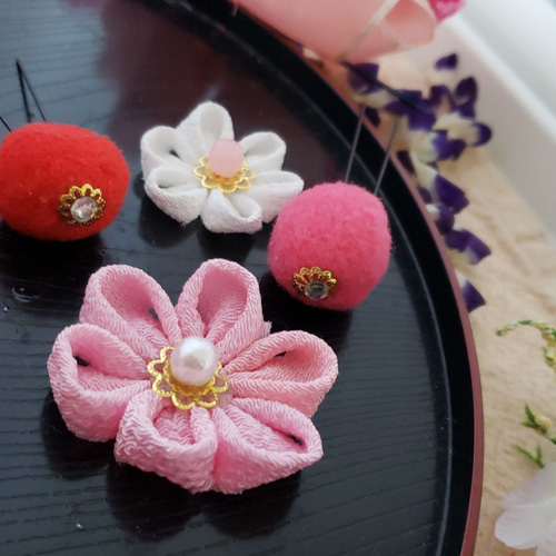 つまみ細工リボン髪飾り赤白七五三成人式浴衣卒業式花魁結婚式