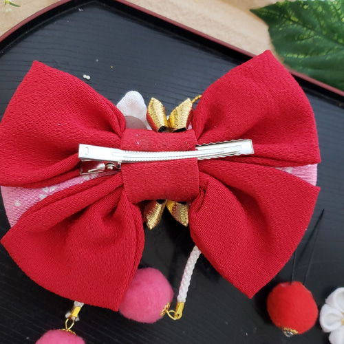 つまみ細工リボン髪飾り 赤 白 七五三 成人式 浴衣 卒業式 花魁 結婚式