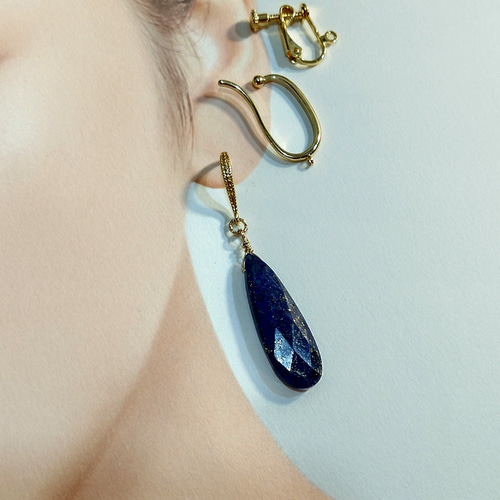 14kgf 大粒 ラピスラズリ ピアス 天然石 ロング ペアシェイプ　枠留め 14kgf 大粒 ラピスラズリ ピアス 天然石 ロング ペアシェイプ 枠留め