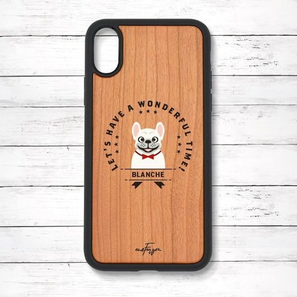 【可刻名字】法國鬥牛犬奶油色（徽章）減震型木質iPhone保護殼 第1張的照片