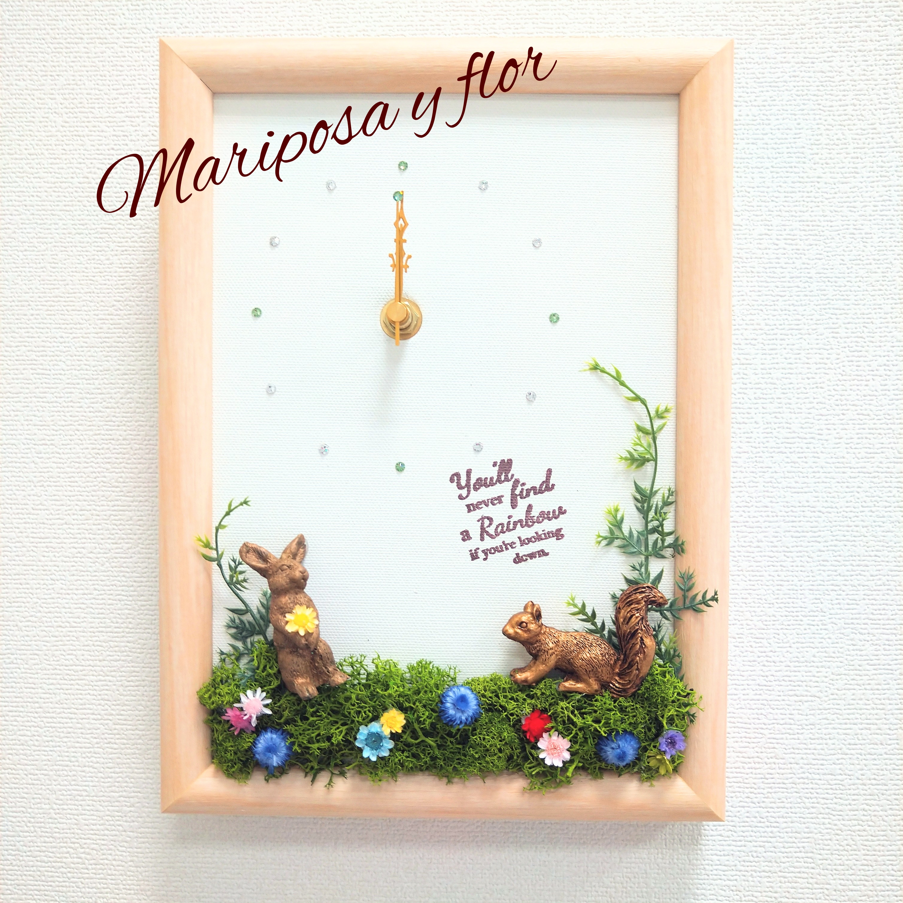 ❋残り１つ！❋キャンバス花時計【草原のうさぎとリス】額装済