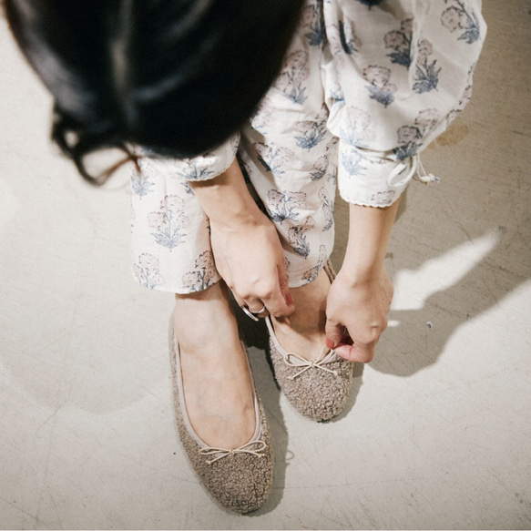 FIKA-ベージュ・ボア | フラットバレエシューズ | オーダー |ふわもこ 