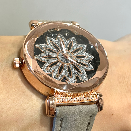 キラキラ文字盤 ガラスカット加工 レディース グレーレザーベルト