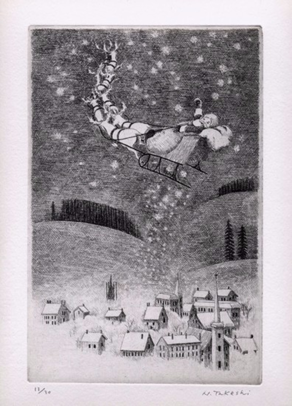 サンタクロース・星のプレゼント / 銅版画 (額あり） 2枚目の画像