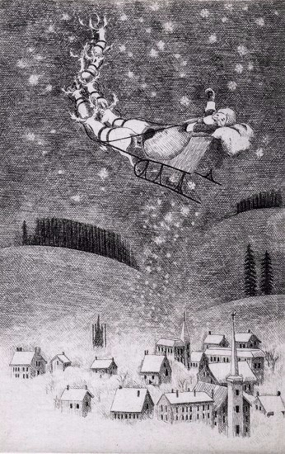 サンタクロース・星のプレゼント / 銅版画 (額あり） 3枚目の画像