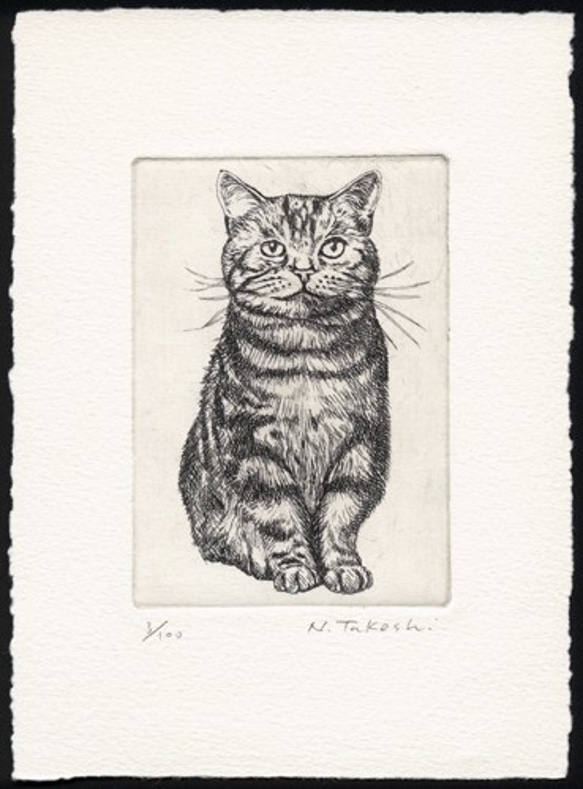 前向きな猫 / 銅版画 (額あり） 3枚目の画像