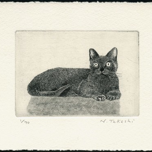 額付き銅版画応用絵画「プカプカ猫inSky」