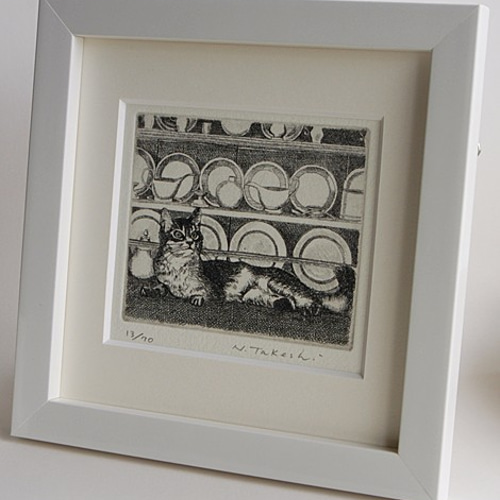 額付き銅版画応用絵画「プカプカ猫」 猫と食器棚 / 銅版画 (額あり） 版画 Atelie Gray 通販 4643688