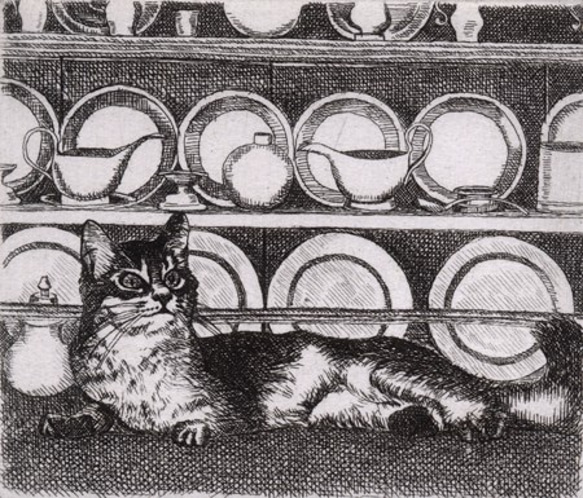 猫と食器棚 / 銅版画 (額あり） 4枚目の画像