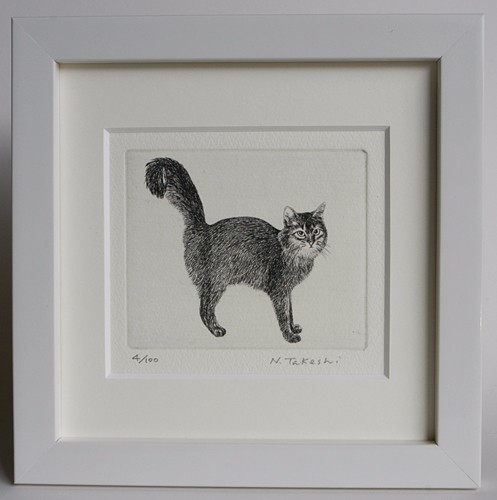 手作り額付き銅版画応用絵画　title「ひょっこり猫」