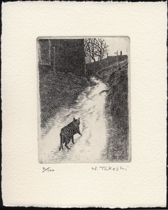 どこへ行くの （ 猫の散歩 ）/ 銅版画 (額あり） 3枚目の画像
