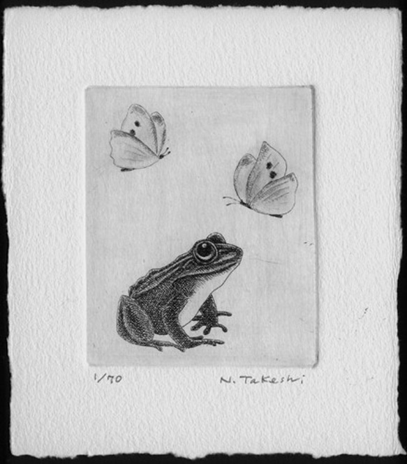 蝶と蛙 / 銅版画 (額あり） 3枚目の画像