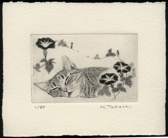 朝顔とお昼寝の猫/ 銅版画 (額あり） 3枚目の画像
