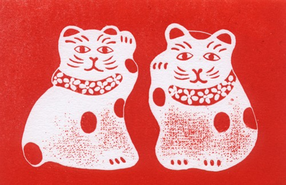 左右の招き猫/ 銅版画 (作品のみ） 2枚目の画像