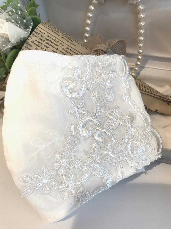 オーガンジーサイドレースマスク×コットンレース刺繍（ホワイト）結婚式　入学式　卒業式　冠婚葬祭　母の日 6枚目の画像