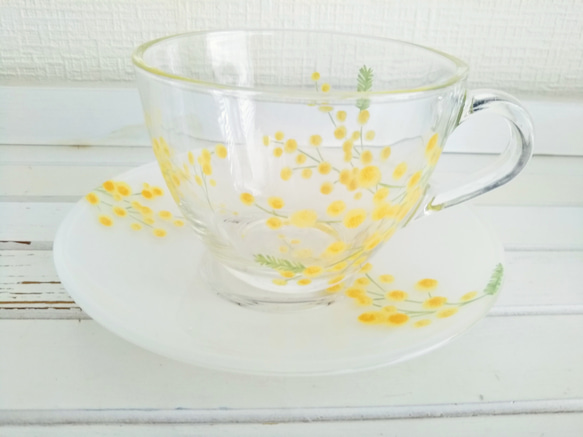 春限定【２客セット】ガラスのカップ＆ソーサー　（ミモザ） 2枚目の画像