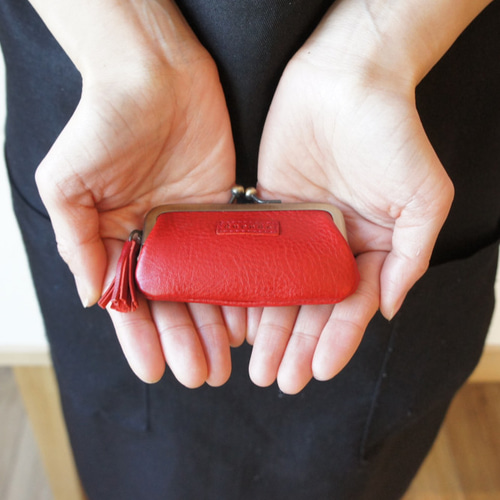 大人かわいい＊ハート型押しブルーの本革がま口ケース レザークラフト