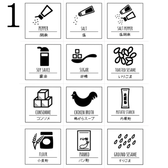 非シールタイプ 調味料 ラベル ノーカット イラスト 光沢紙 12枚 1シート 英語×日本語×イラスト 1枚2.5mm 2枚目の画像