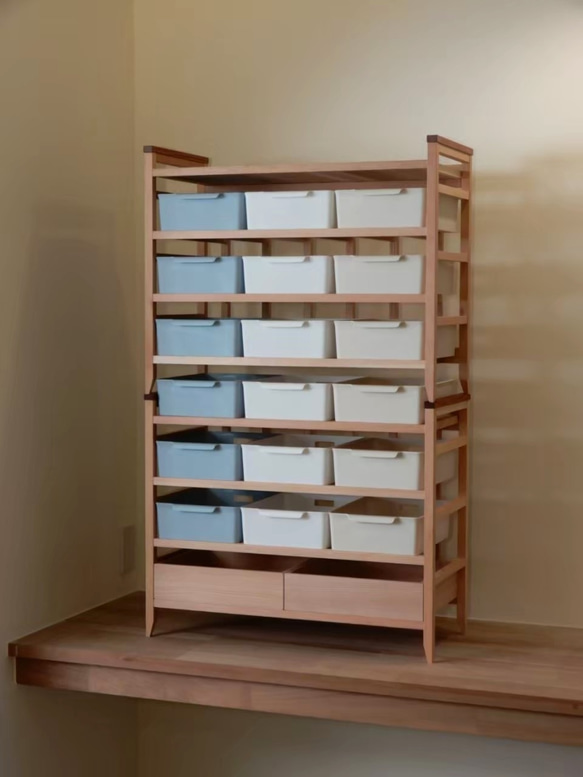 天然木の香り　収納棚　おままごとキッチンやレゴ　衣類雑貨日用品の片付け整理　ナチュラルでおしゃれ　(木製引出し2個付) 11枚目の画像