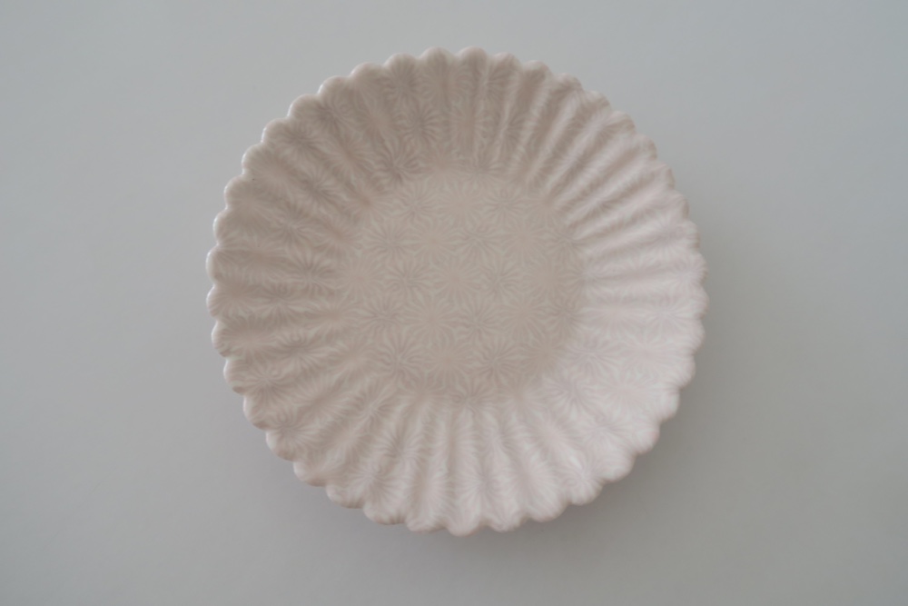 【花プレート】　中皿　練り込み　輪花皿　１７.８cm（ピンク×パープル）