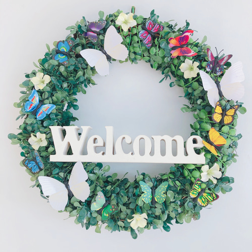 玄関リース♡ダリア＆ヤグルマソウのデュエット Sould out【春夏2021新作】再販 蝶々達の鮮やかリース 母の日ギフト