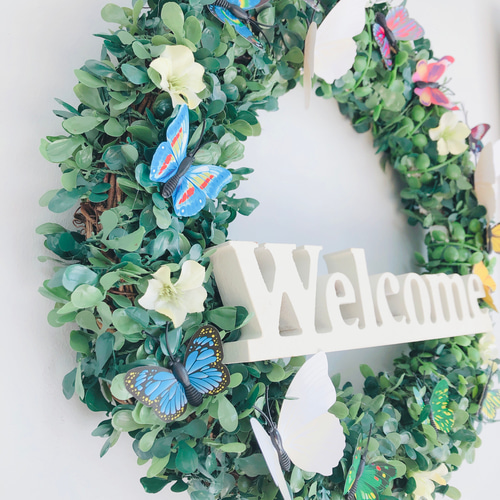 玄関リース♡ダリア＆ヤグルマソウのデュエット Sould out【春夏2021新作】再販 蝶々達の鮮やかリース 母の日ギフト