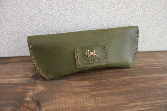 chi木皮革手工縫製眼鏡盒（綠色） 第2張的照片