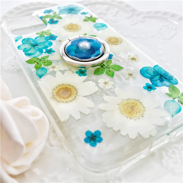 紫陽花押し花スマホケース、リング付き、全機種対応、ストラップホルダ一、iFace風、手帳型、iPhone14、 2枚目の画像