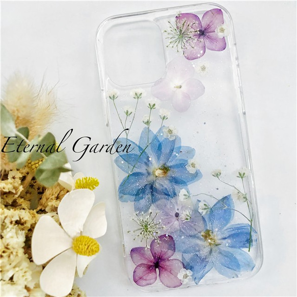 紫陽花、押し花スマホケース、全機種対応、iFace風、手帳型、iPhone15  