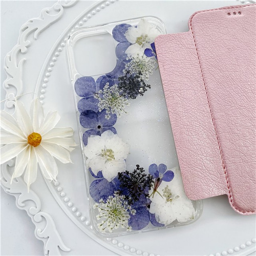紫陽花押し花スマホケース、全機種対応、ストラップホルダ一