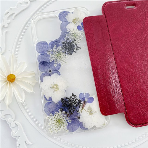 ハンドメイド押し花スマホケース 紫陽花
