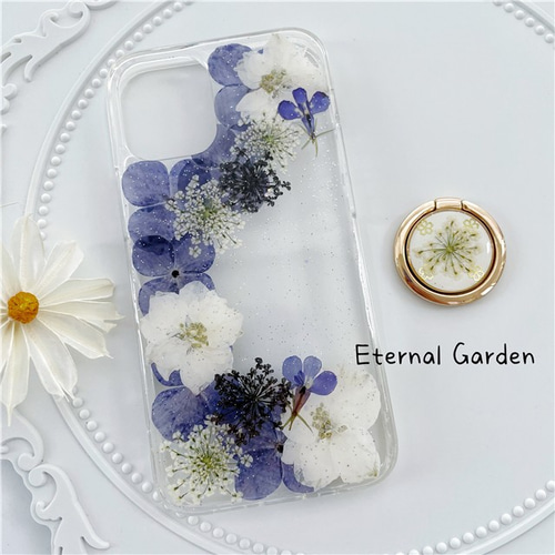 紫陽花押し花スマホケース、全機種対応、ストラップホルダ一