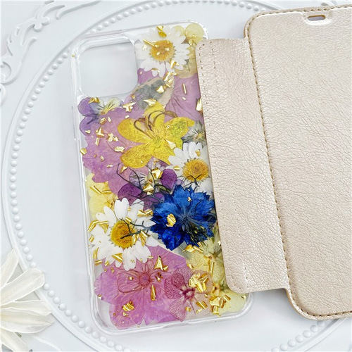 桜、押し花スマホケース、全機種対応、iFace風、手帳型、iPhone15