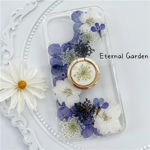 紫陽花、押し花スマホケース、全機種対応、iFace風、手帳型