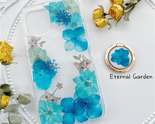 紫陽花、押し花スマホケース、全機種対応、iFace風、手帳型