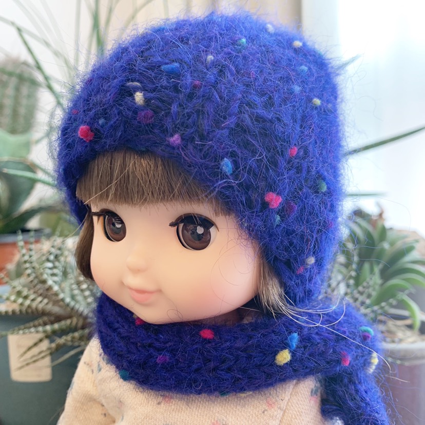 モヘア マフラー＆ニットキャップ セット 青 26cmドール