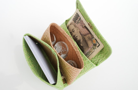 ほぼ名刺サイズのコンパクト財布 折らずにお札が入る超小型財布 | メロン柄とピーナッツ柄のバイカラー 4枚目の画像