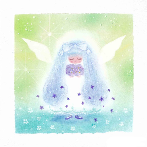 パステル画 ゆるかわ天使さん 『花束を届けて』(見本作品) 天使画 絵画