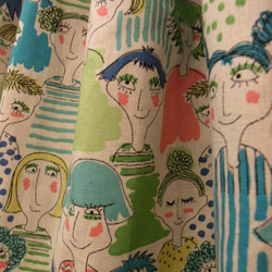 再販　日本製ハッピーフェイス柄コットンリネンギャザースカート　グリーン 2枚目の画像
