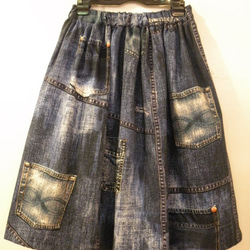 送料無料！日本製デニムポケットプリントギャザースカート 3枚目の画像