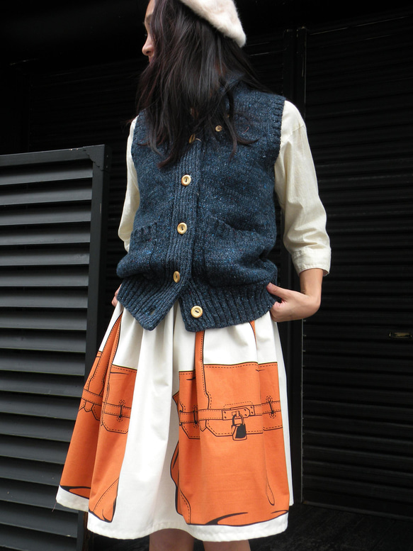 日本製バッグ柄コットンギャザースカートオレンジ 4枚目の画像