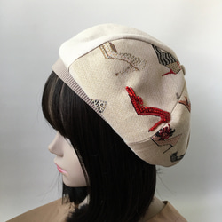 ハイヒール柄のゴブラン織りが可愛い❤︎麻の生成りベレー帽 4枚目の画像