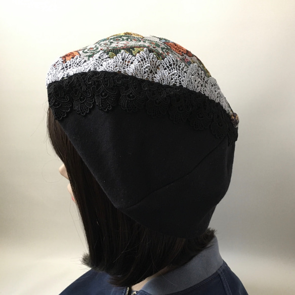 ゴブラン織り&黒ニットのレース付きベレー帽 5枚目の画像