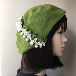 フリル・プリーツ・玉ブレードが可愛い❤︎麻のリーフグリーンベレー帽 4枚目の画像
