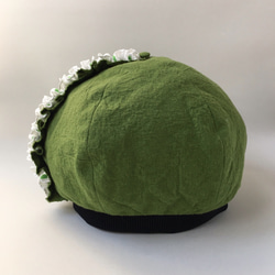 フリル・プリーツ・玉ブレードが可愛い❤︎麻のリーフグリーンベレー帽 6枚目の画像