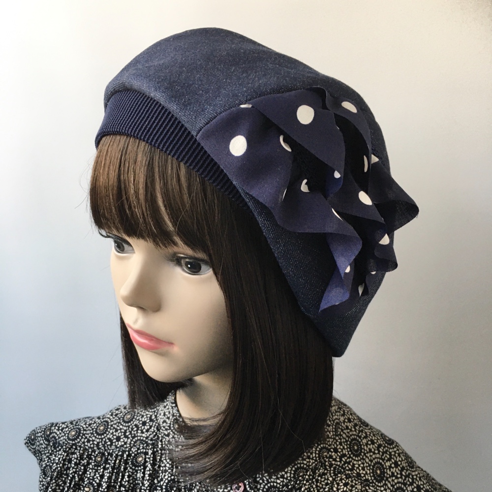 水玉のフリルが可愛い❤︎デニムベレー帽