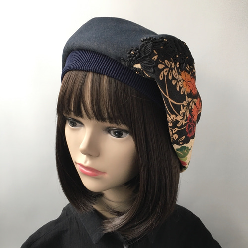 和柄(黒)＆デニムがかわいい❤︎レース付きベレー帽 ベレー帽