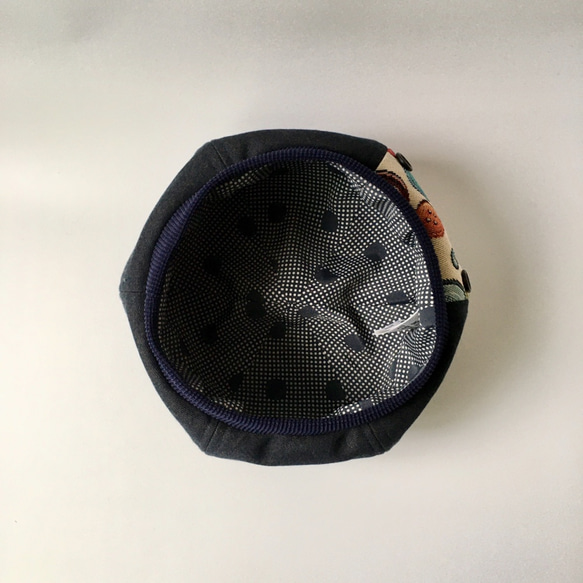 カラフルなボタン柄のゴブラン織りに黒のボタンがポイント♪デニムベレー帽 8枚目の画像